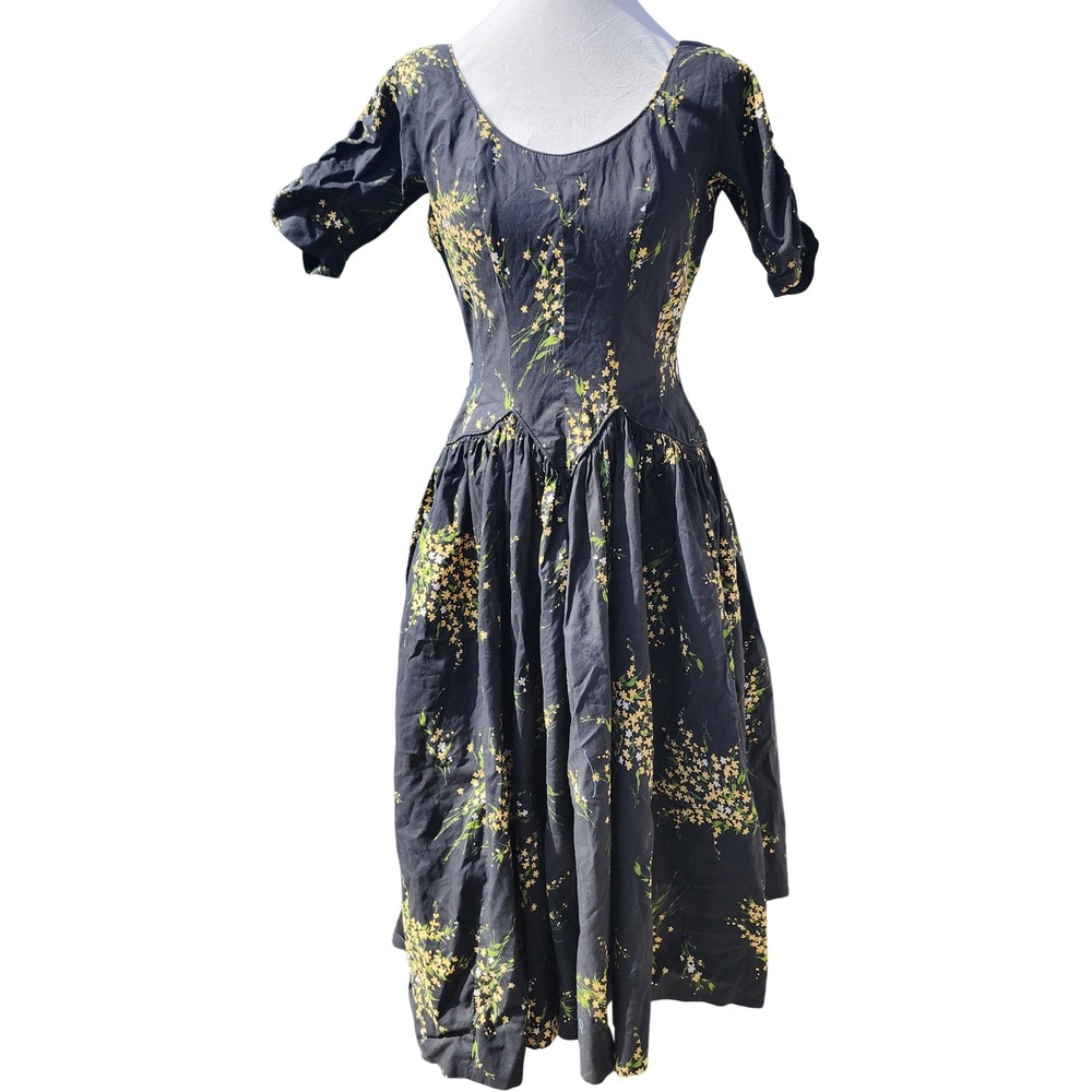 Vintage 50s Handmade Floral Drop Waist Midi Dress Black Yellow Cottagecore READ